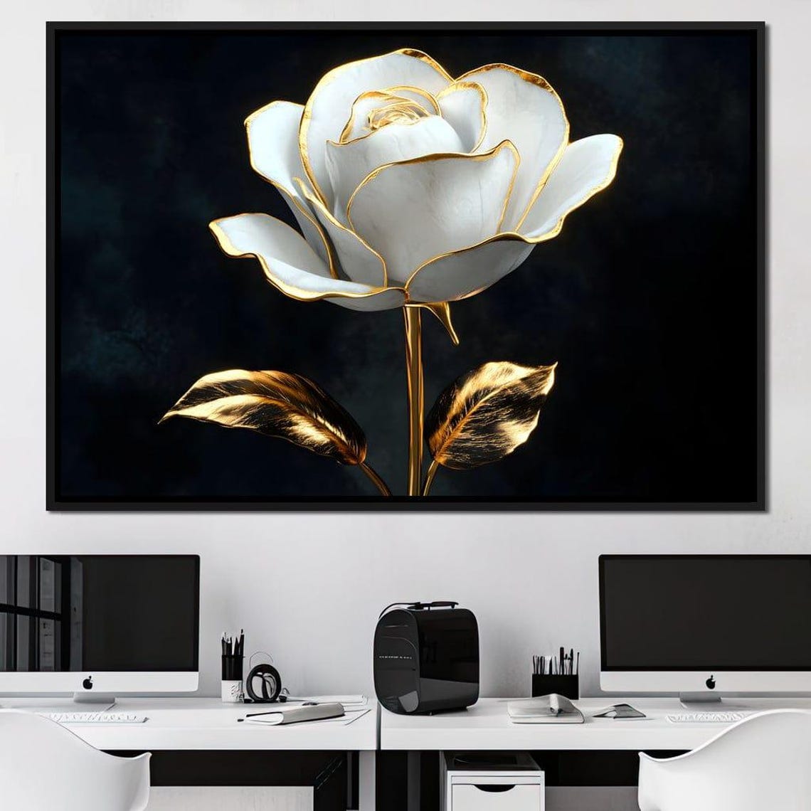 Large White Rose With Gold Edged Petals On A Dark Black Poster - Image 2