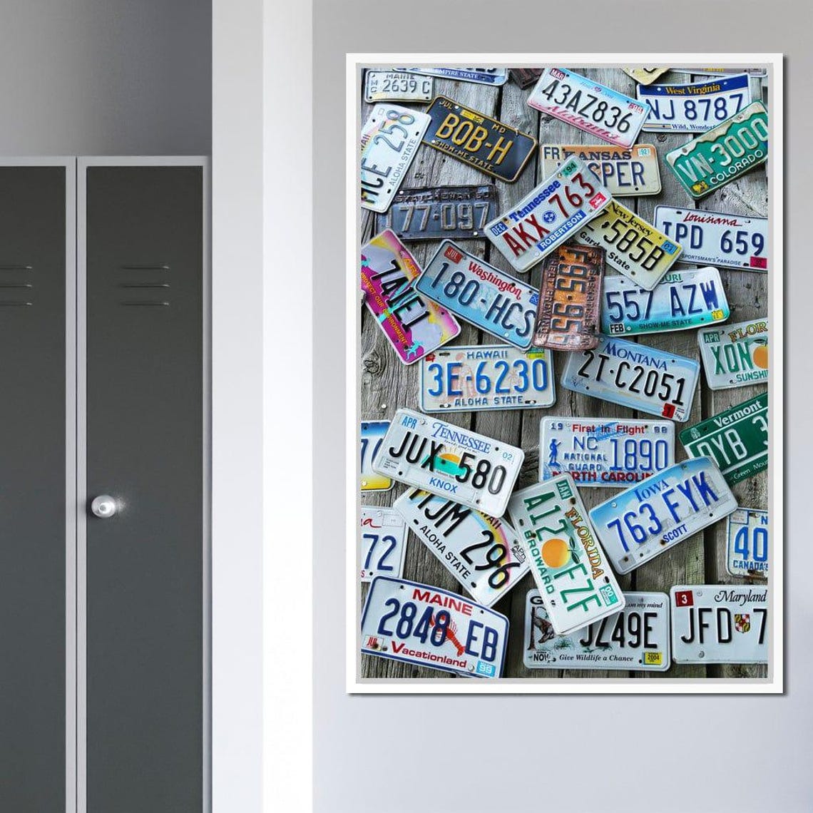 Vintage US License Plates Collage Weathered Wood Road Trip Wall Art
