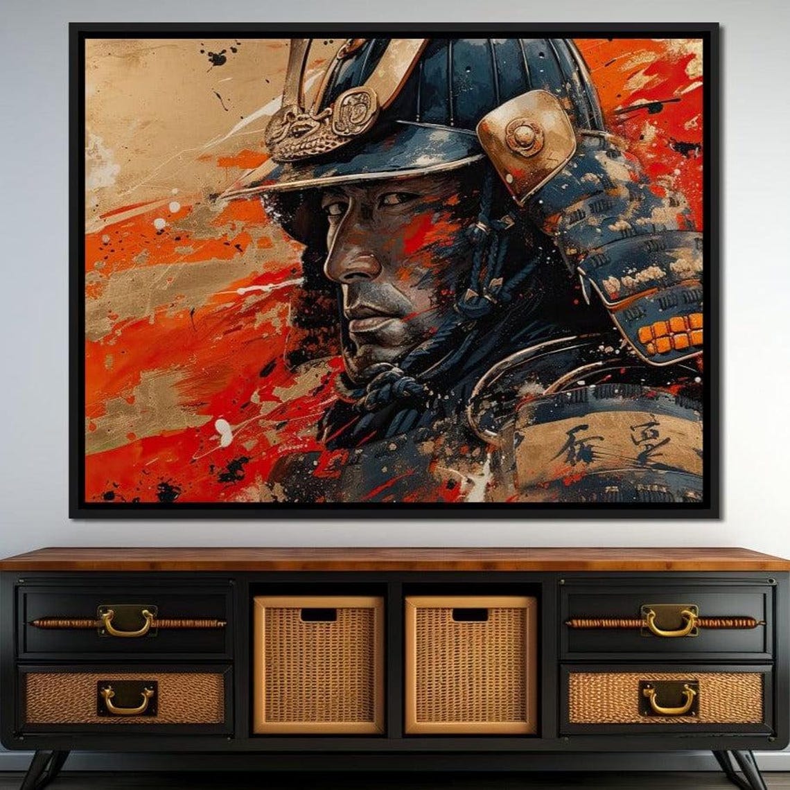 Samurai Warrior Armor Portrait Red Black Japanese Battle Wall Art