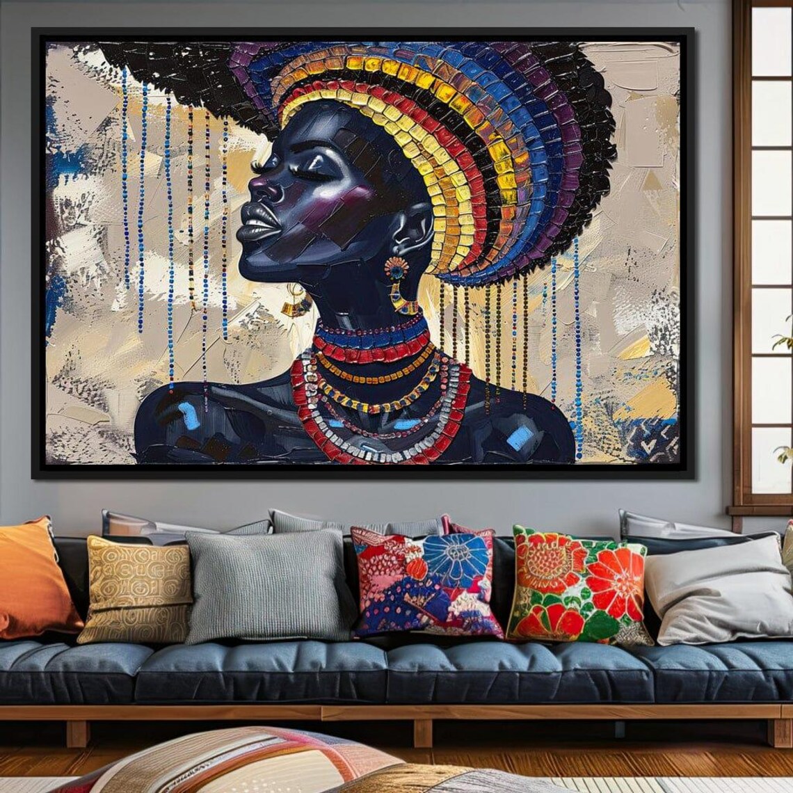 African Beauty Rainbow Beaded Headdress Tribal Portrait Wall Art - Image 3