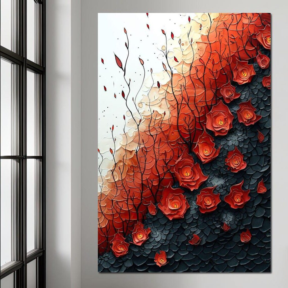Red Roses Textured 3D Impasto Floral Painting Romantic Dark Wall Art - Image 2