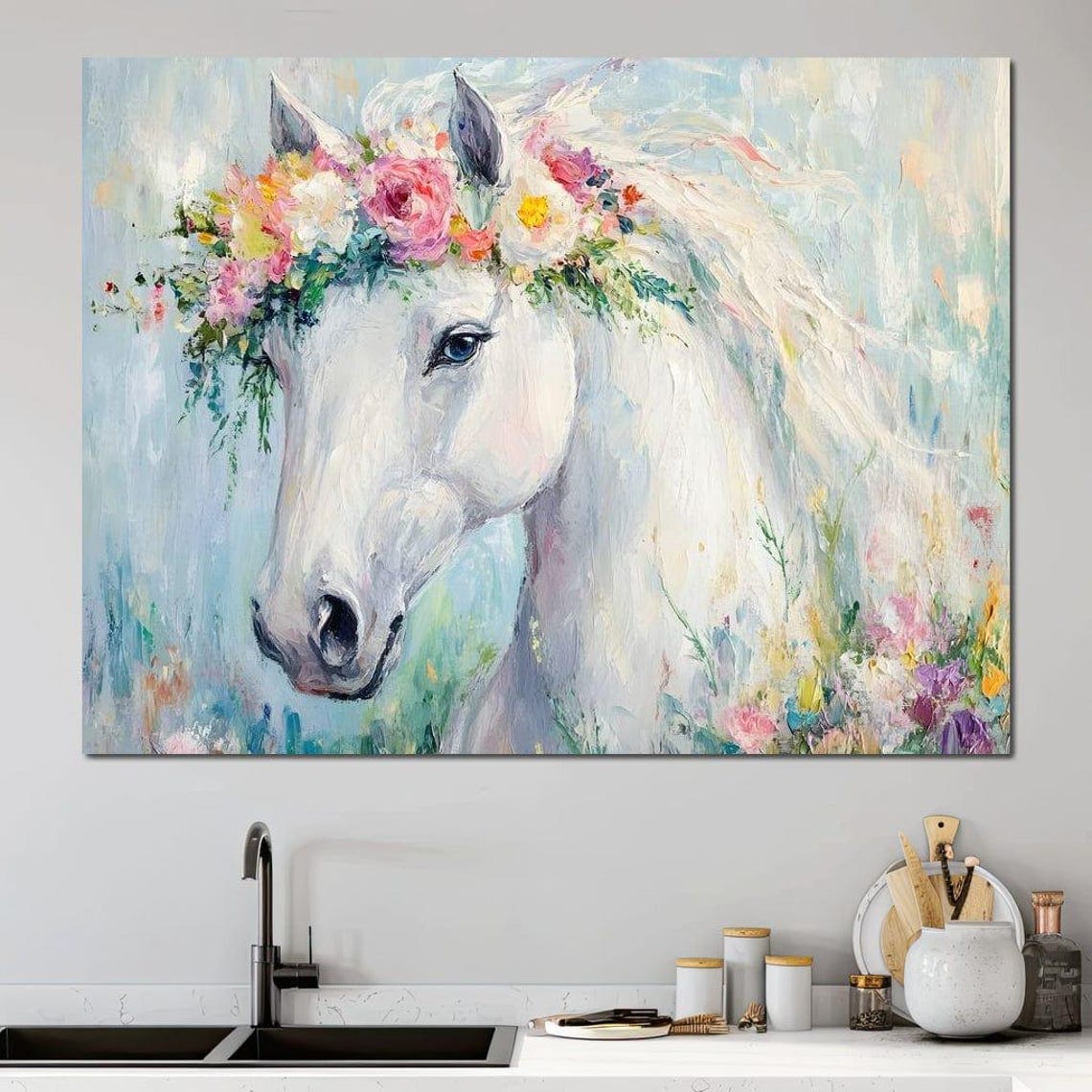 White Horse Floral Crown Pastel Impressionist Framed Equine Wall Art - Image 2