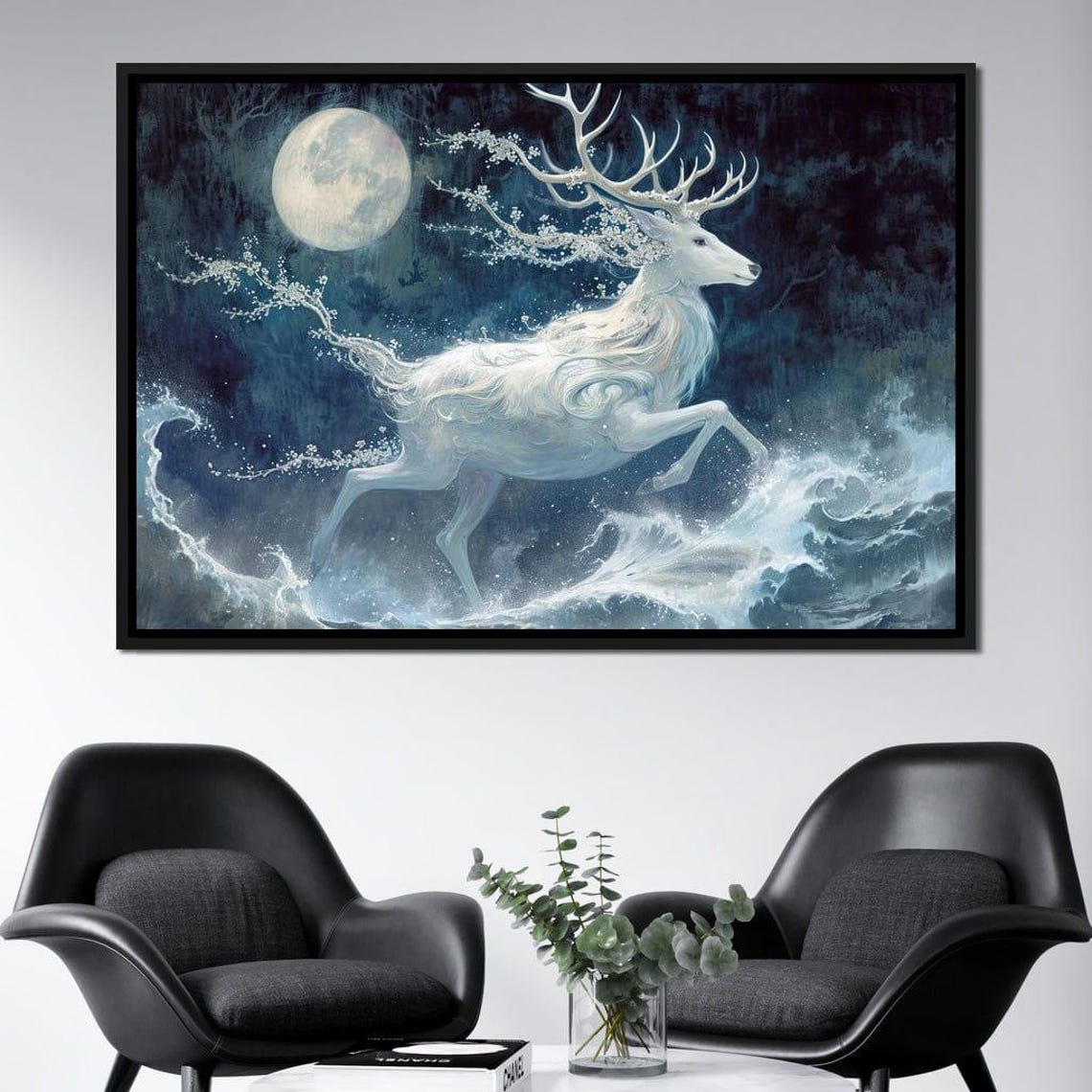 Mystic White Stag Leaping Over Ocean Waves Moonlit Fantasy Wall Art - Image 2