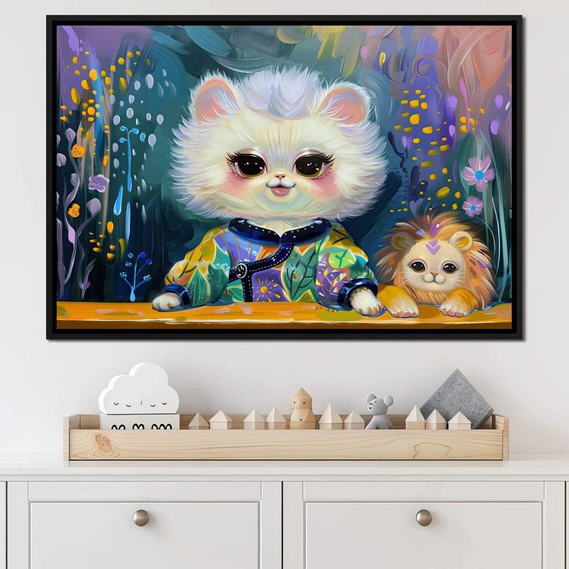 Whimsical Fluffy White Cat And Lion Cub Colorful Kids Room Art Print - Image 3