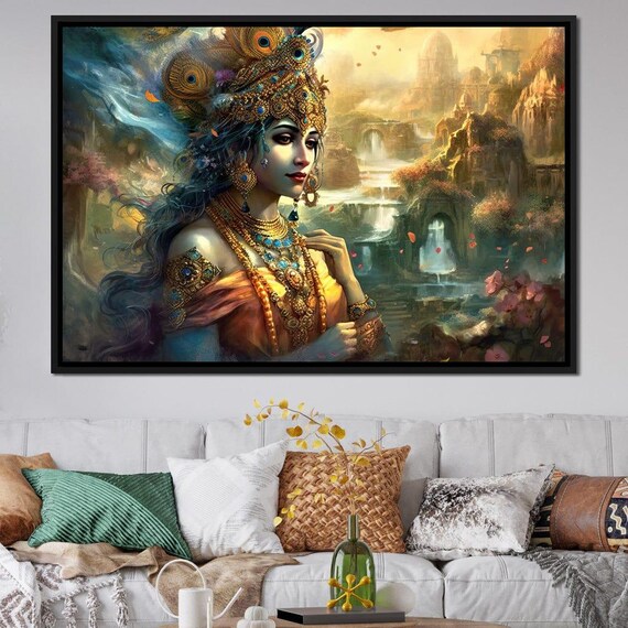 Hindu Goddess Peacock Crown Waterfall Temple Garden Divine Painting Print
