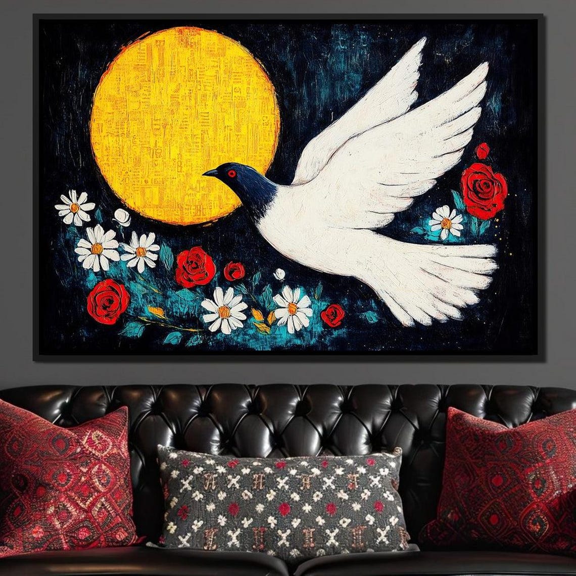White Dove Golden Moon Night Roses Daisies Serene Flight Bird Poster