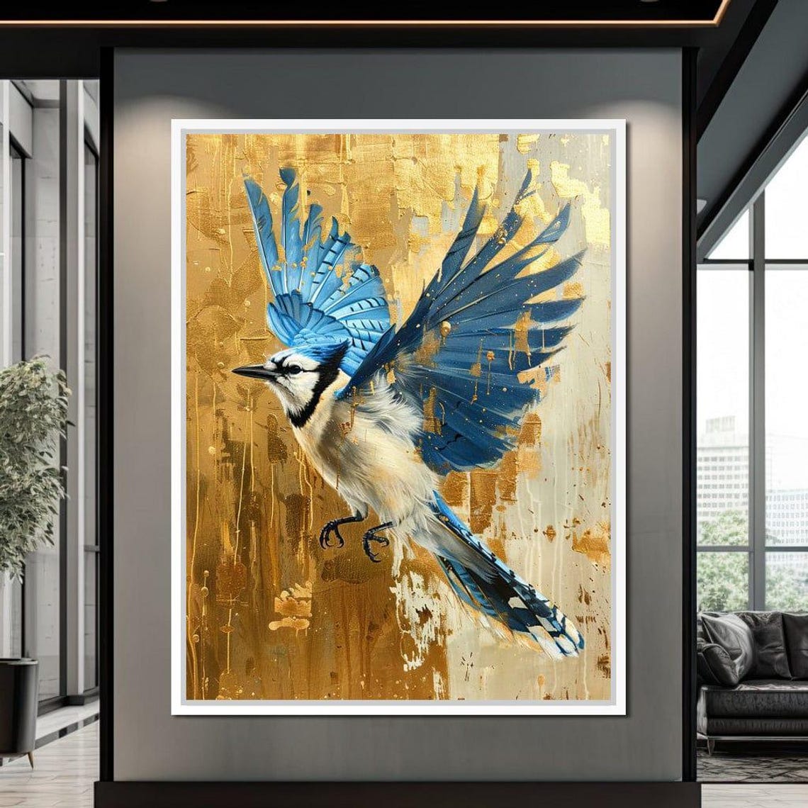 Blue Jay in Flight Golden Background Majestic Bird Wall Art Poster - Image 3