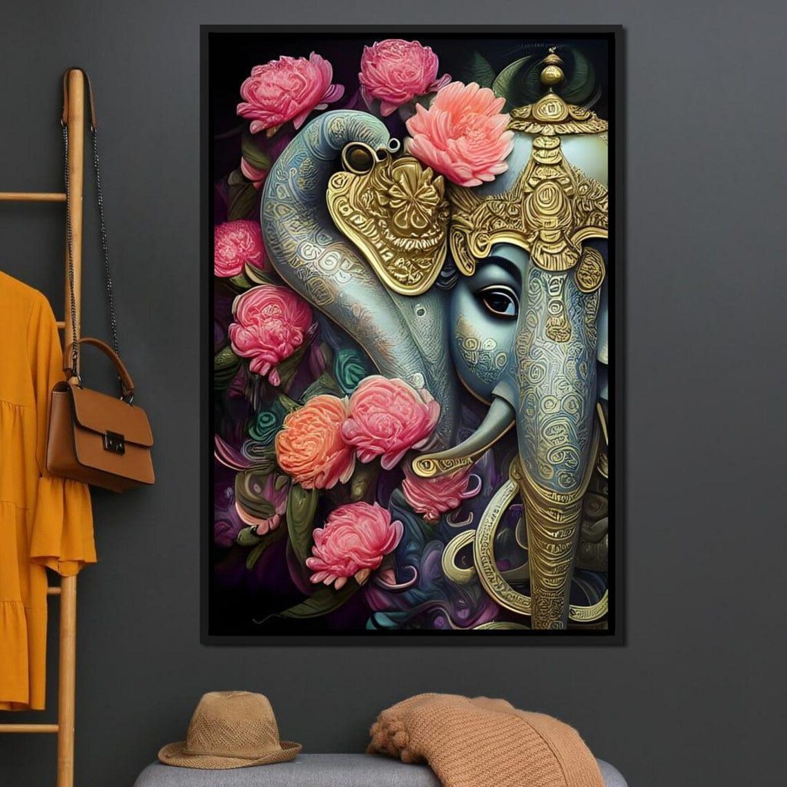 Ganesha Blue Gold Hindu Deity Pink Flowers Floral Spiritual Art Poster - Image 3