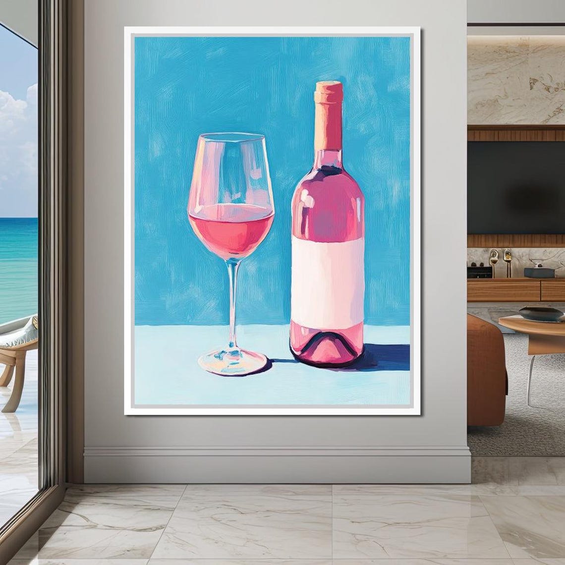 Rosé Wine Bottle and Glass Pink Teal Modern Kitchen Bar Wall Art Print - Image 4