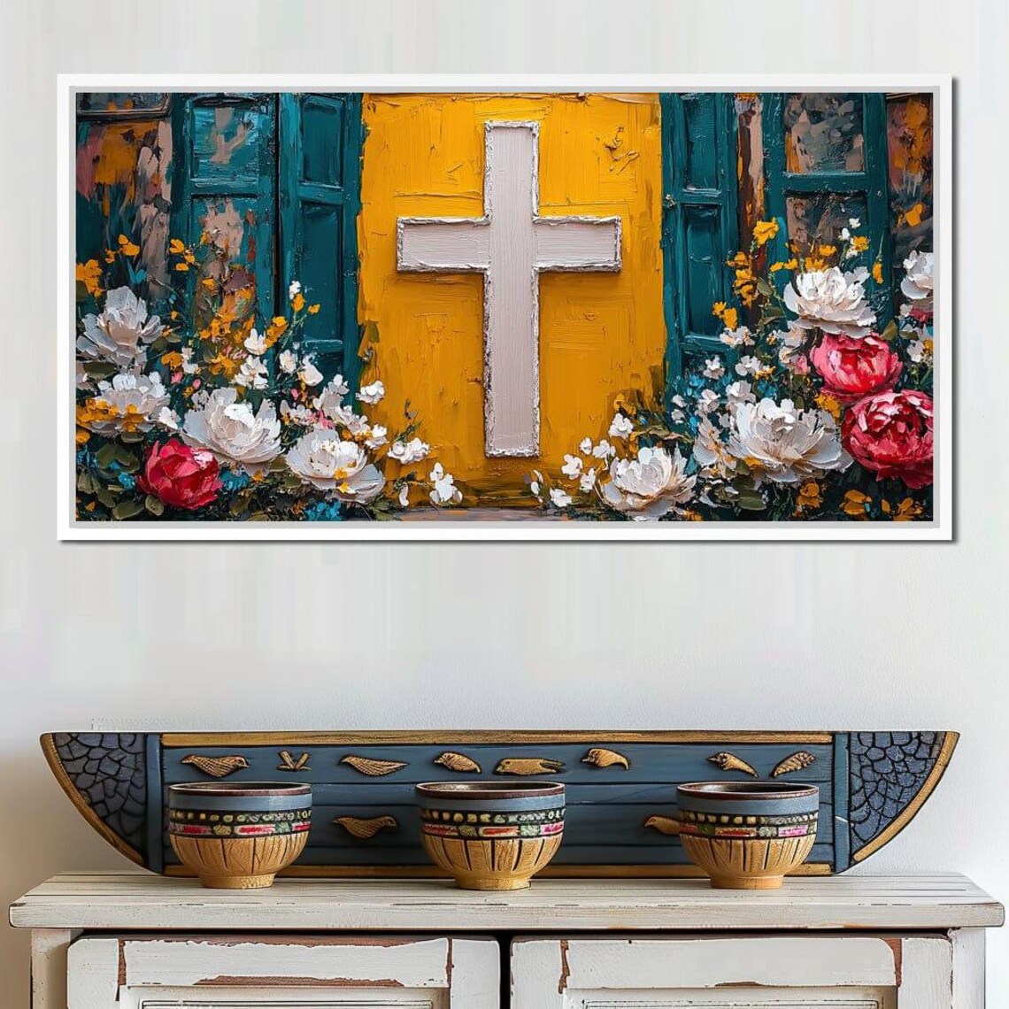 Christian Cross On Yellow Door Surrounded By Colorful Flowers Faith Wall Poster - Image 2