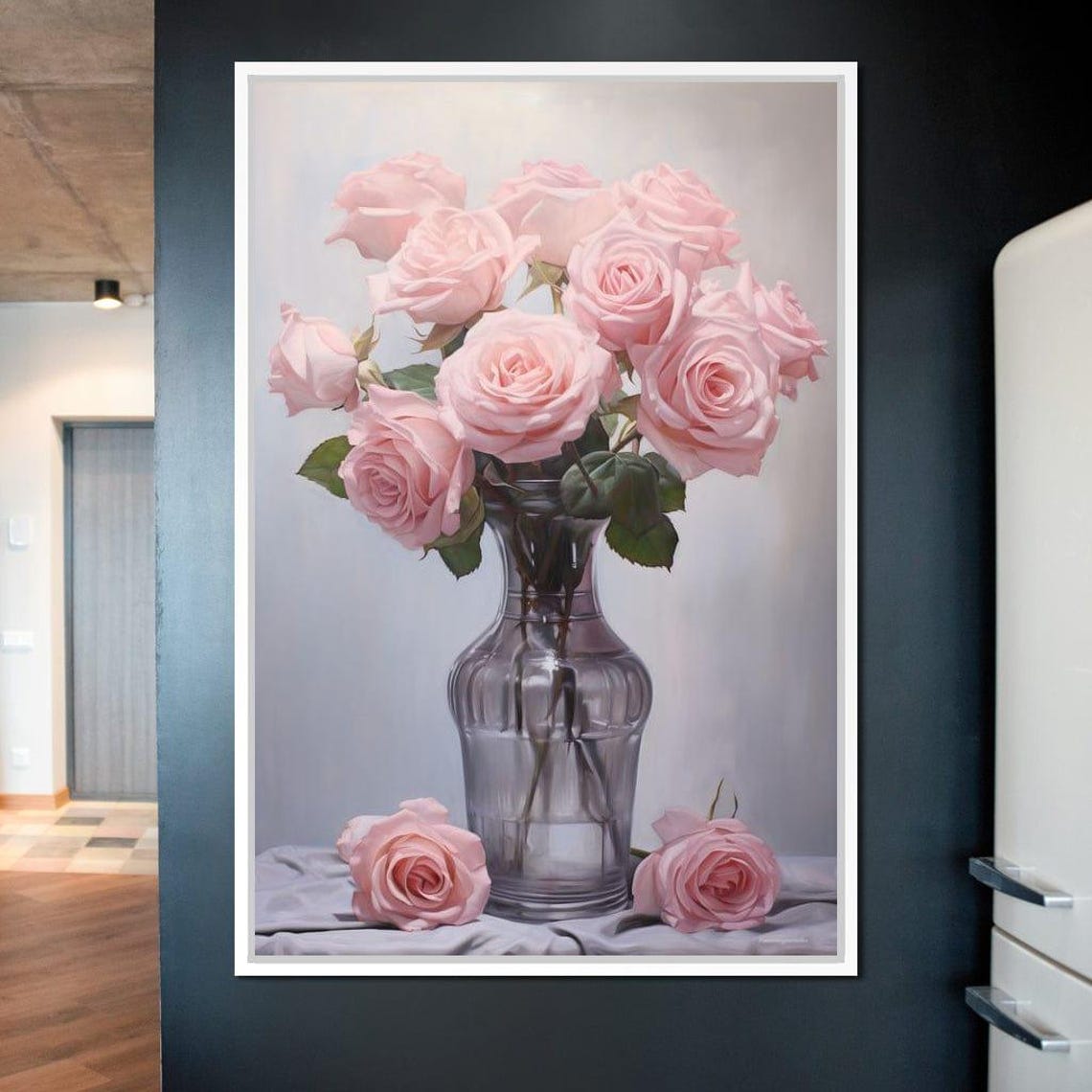 Pink Roses Glass Vase Romantic Floral Still Life Elegant Wall Art - Image 3