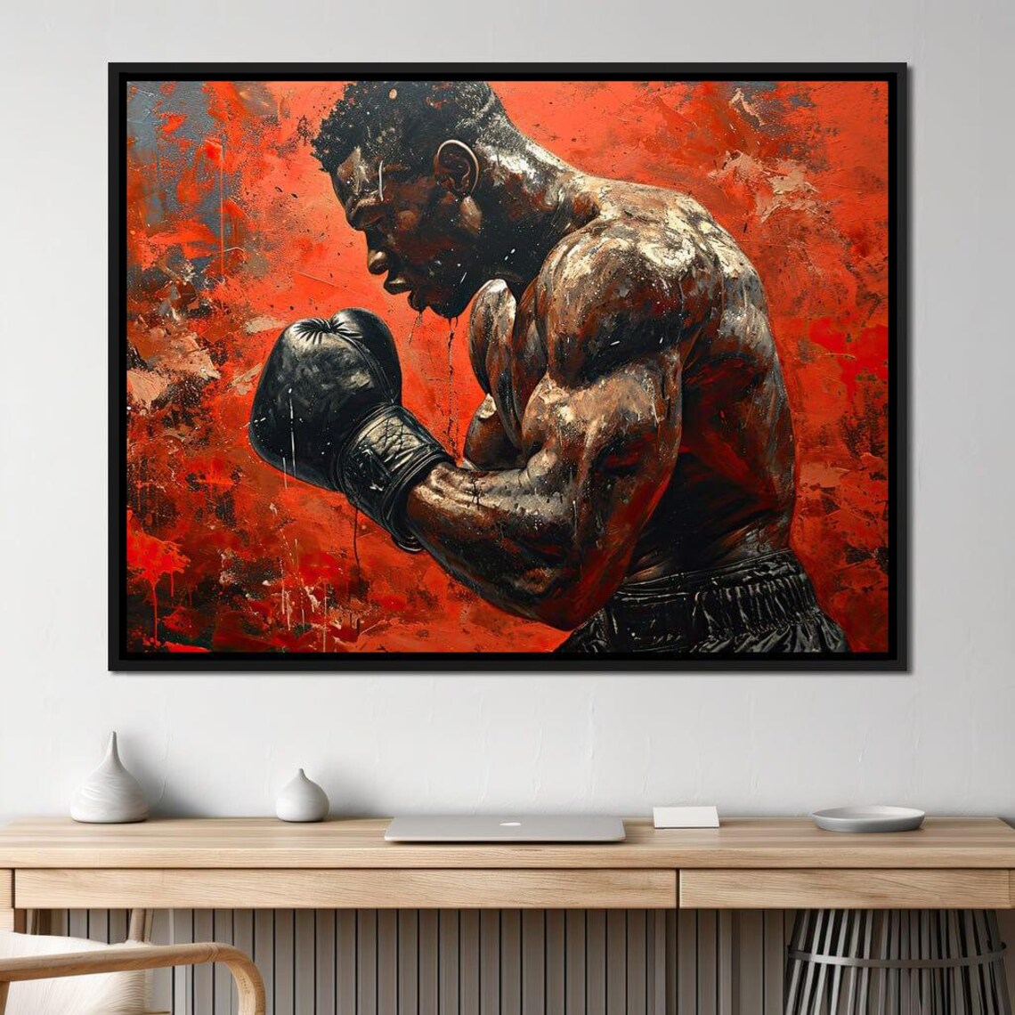 Powerful Boxer Fighting Stance Red Motivational Sports Gym Art Poster - Image 2