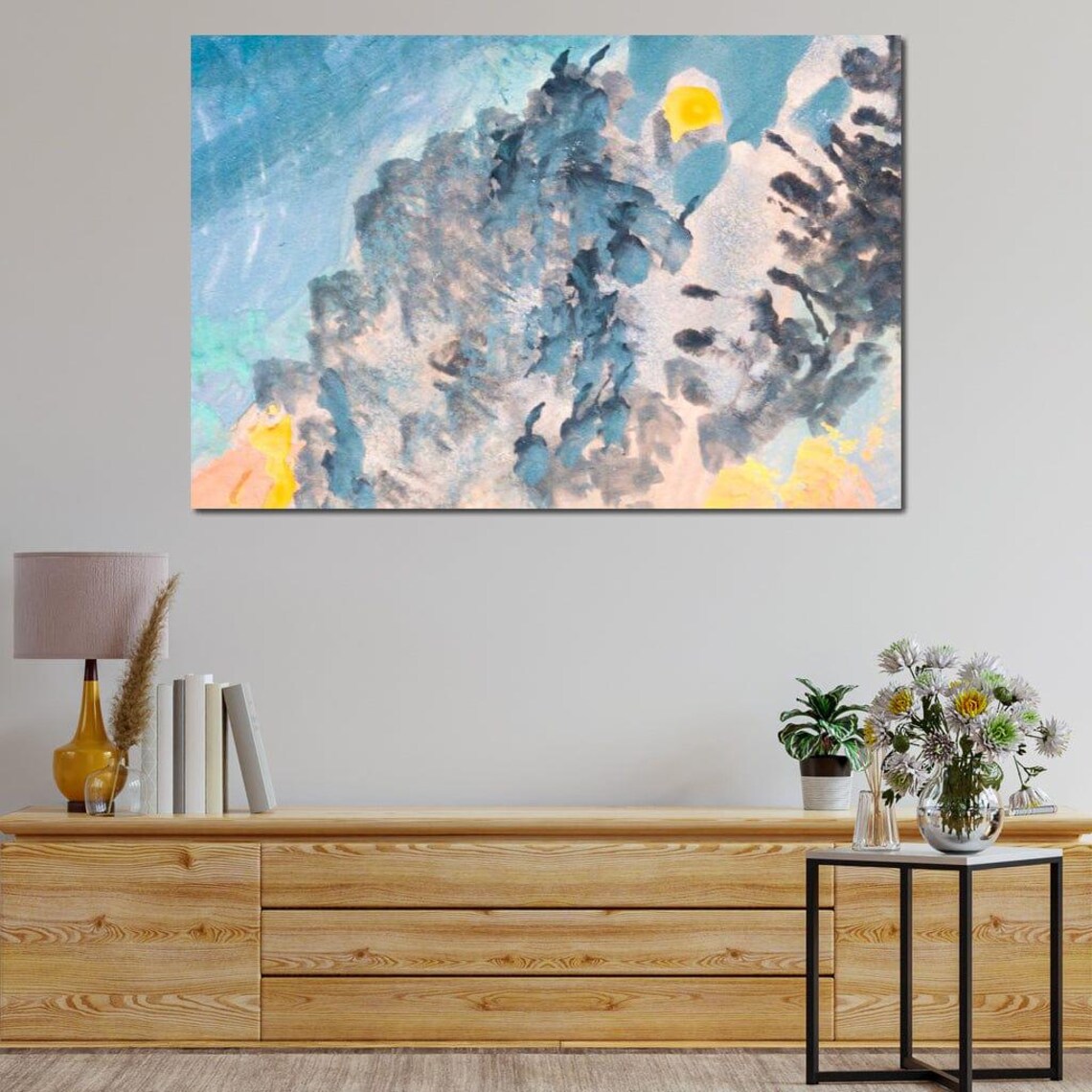 Blue Grey Watercolor Coastal Seascape Yellow Sun Modern Wall Art - Image 3