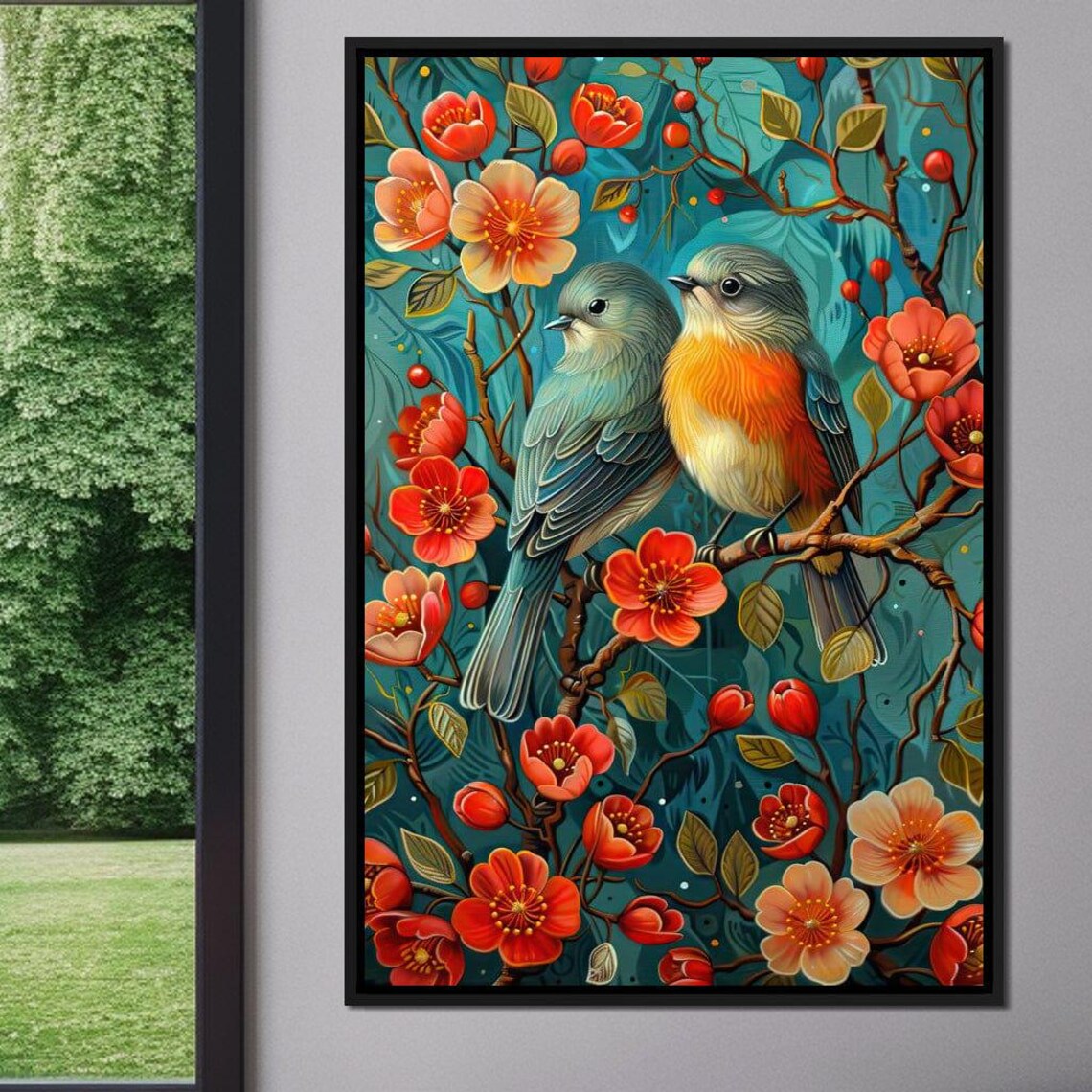 Two Songbirds Blossoming Branch Coral Flowers Vintage Bird Art Print
