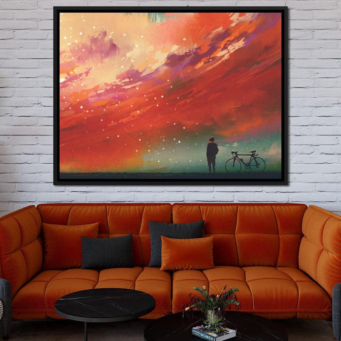 Silhouette Person With Bicycle Under Fiery Red Starry Sky Art Poster - Image 2