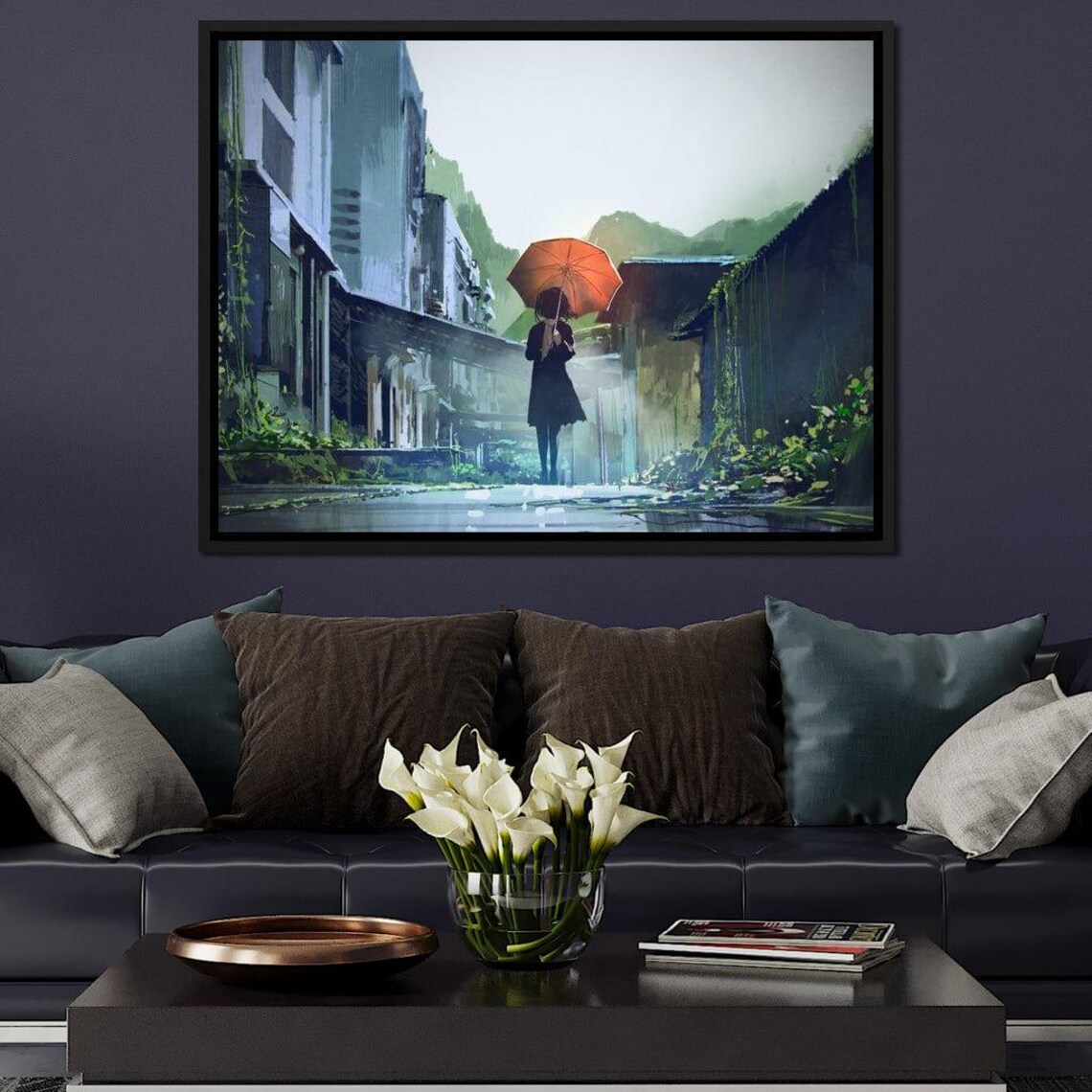 Girl with Orange Umbrella Walking in a Rainy Misty Street Scene Poster - Image 2