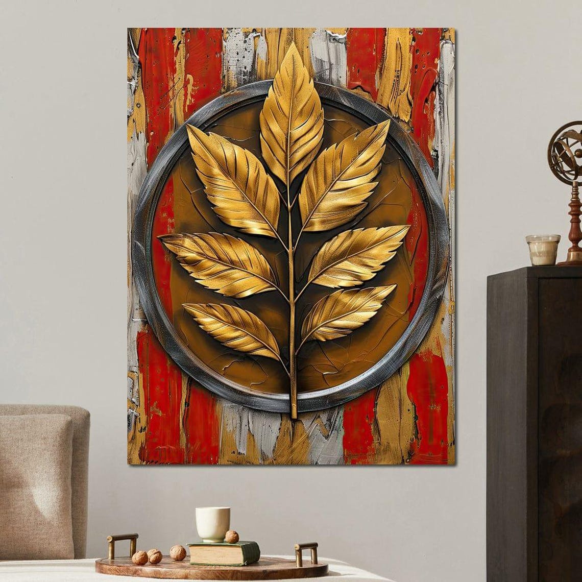 Golden Foliage Leaves Circular Frame Red Abstract Botanical Poster - Image 4