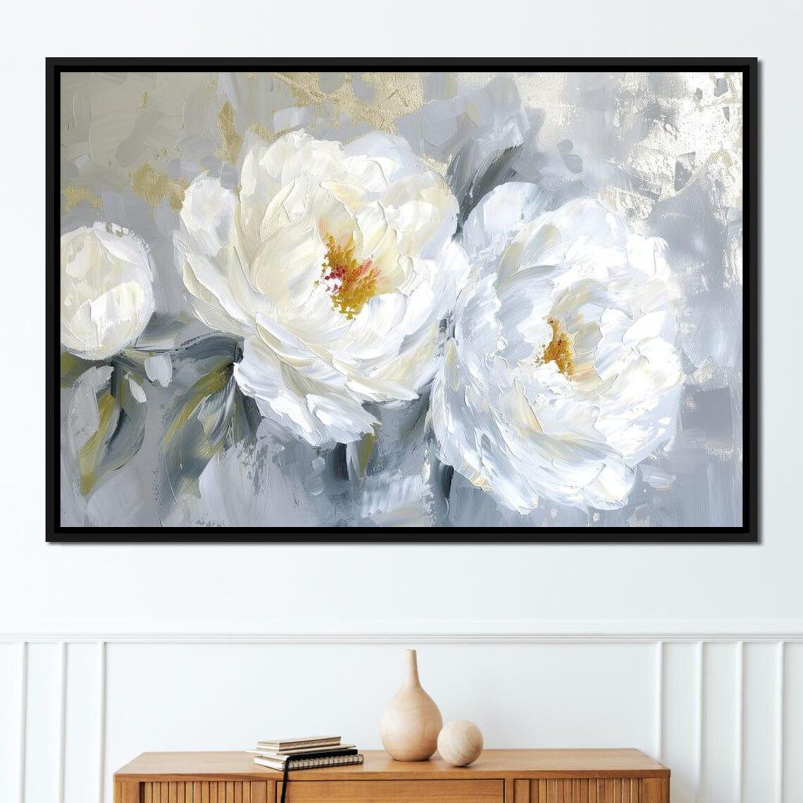 White Peonies Silver Gray Gold Accent Impasto Floral Art Print - Image 3