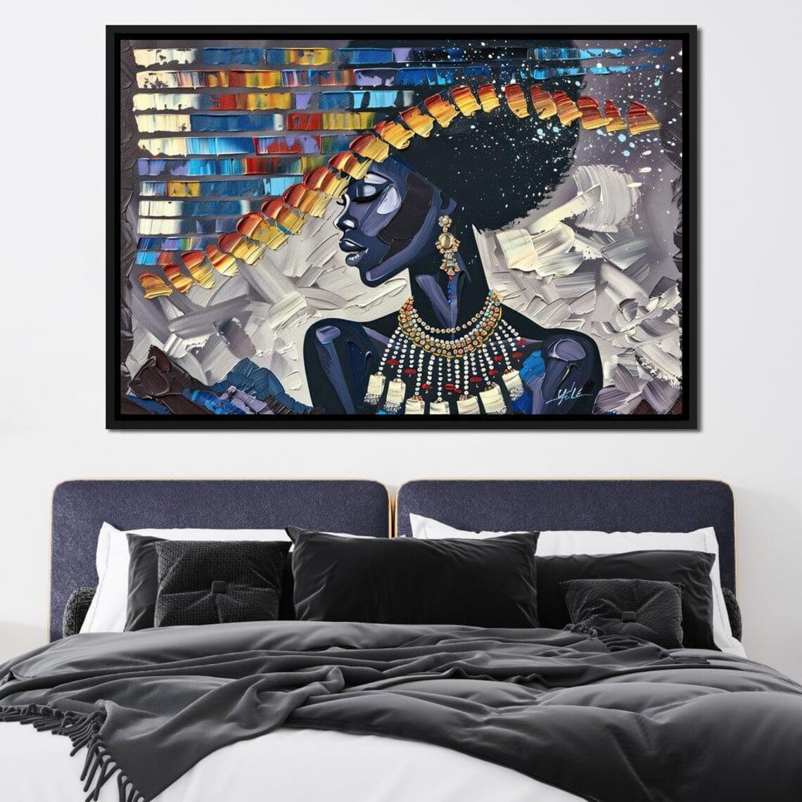 Starry Night Afro Woman Blue Palette Knife Portrait Wall Art - Image 3