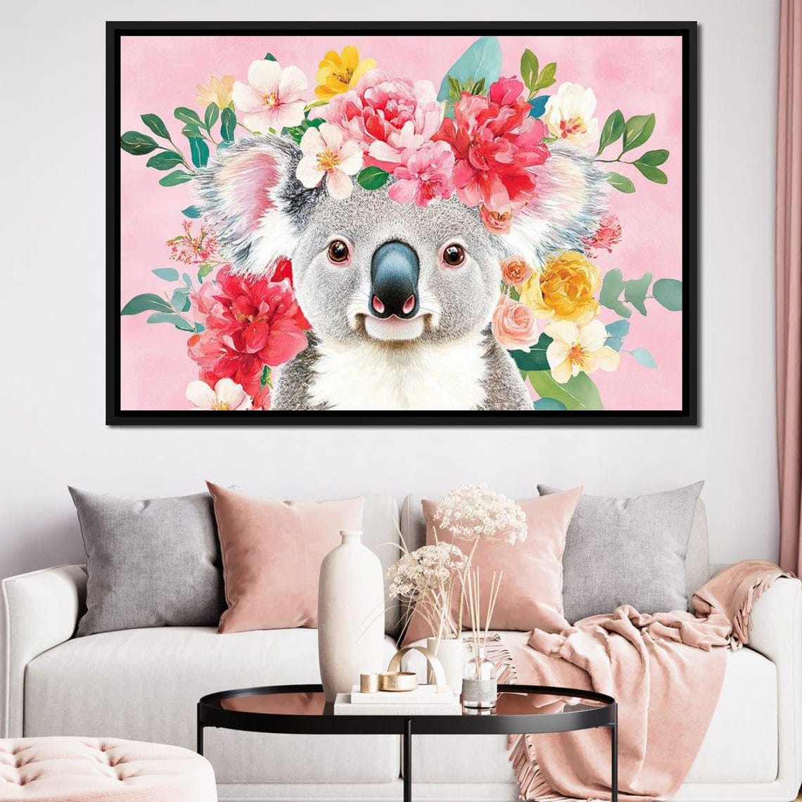 Cute Koala Floral Crown Pink Background Framed Australian Wall Art - Image 3