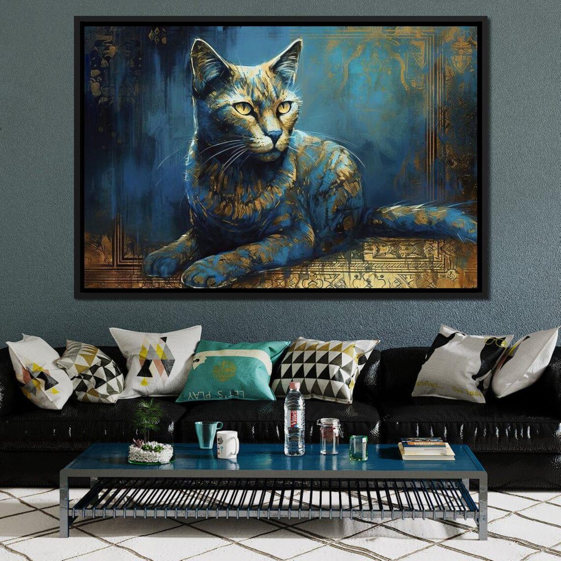 Regal Blue And Gold Cat Portrait Elegant Feline Art Whimsical Wall Print