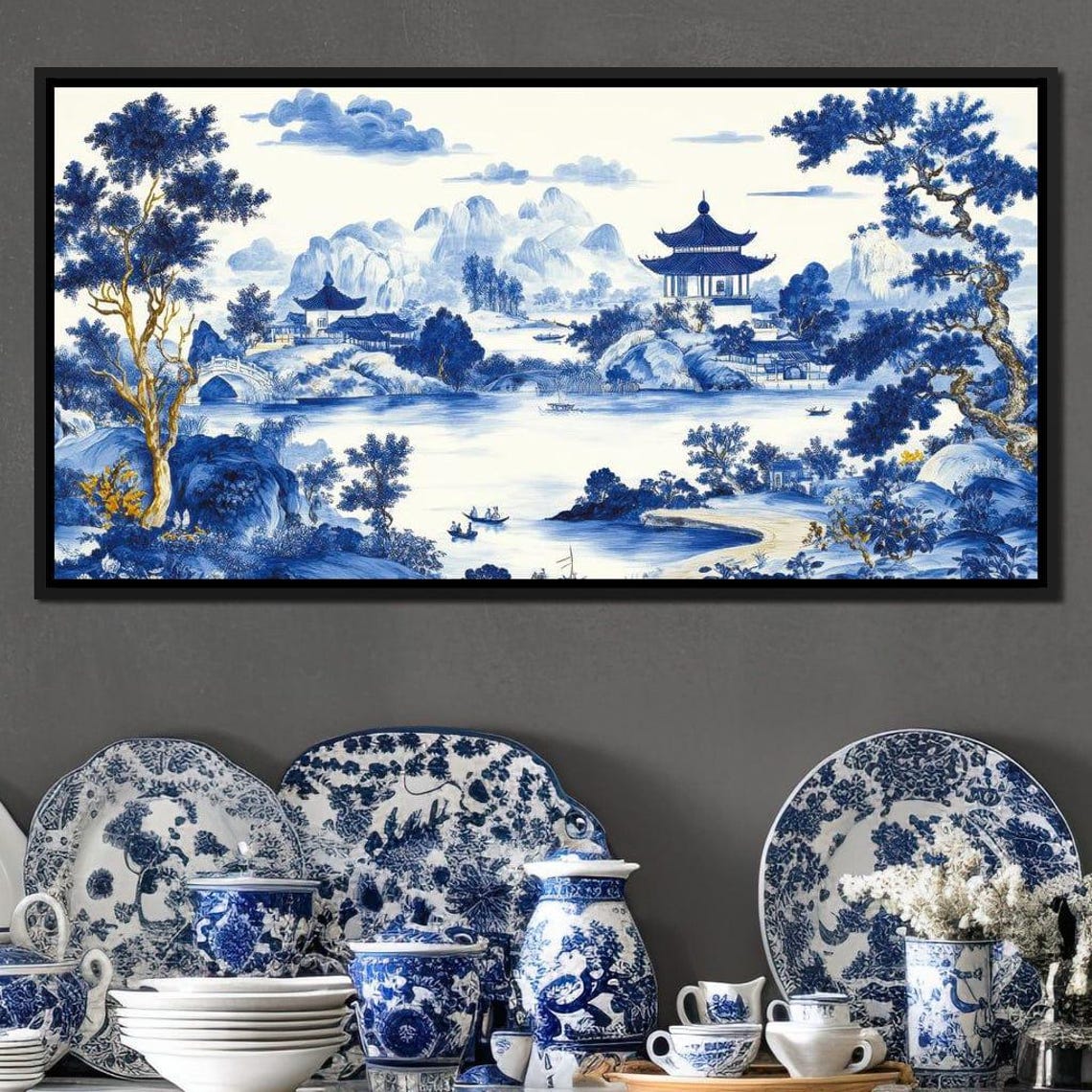 Blue White Japanese Pagoda Lake Landscape In Porcelain Style Poster - Image 4