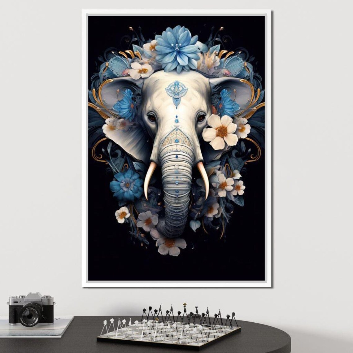 Blue White Floral Elephant Totem Ornate Headdress Spiritual Wall Art Poster - Image 2