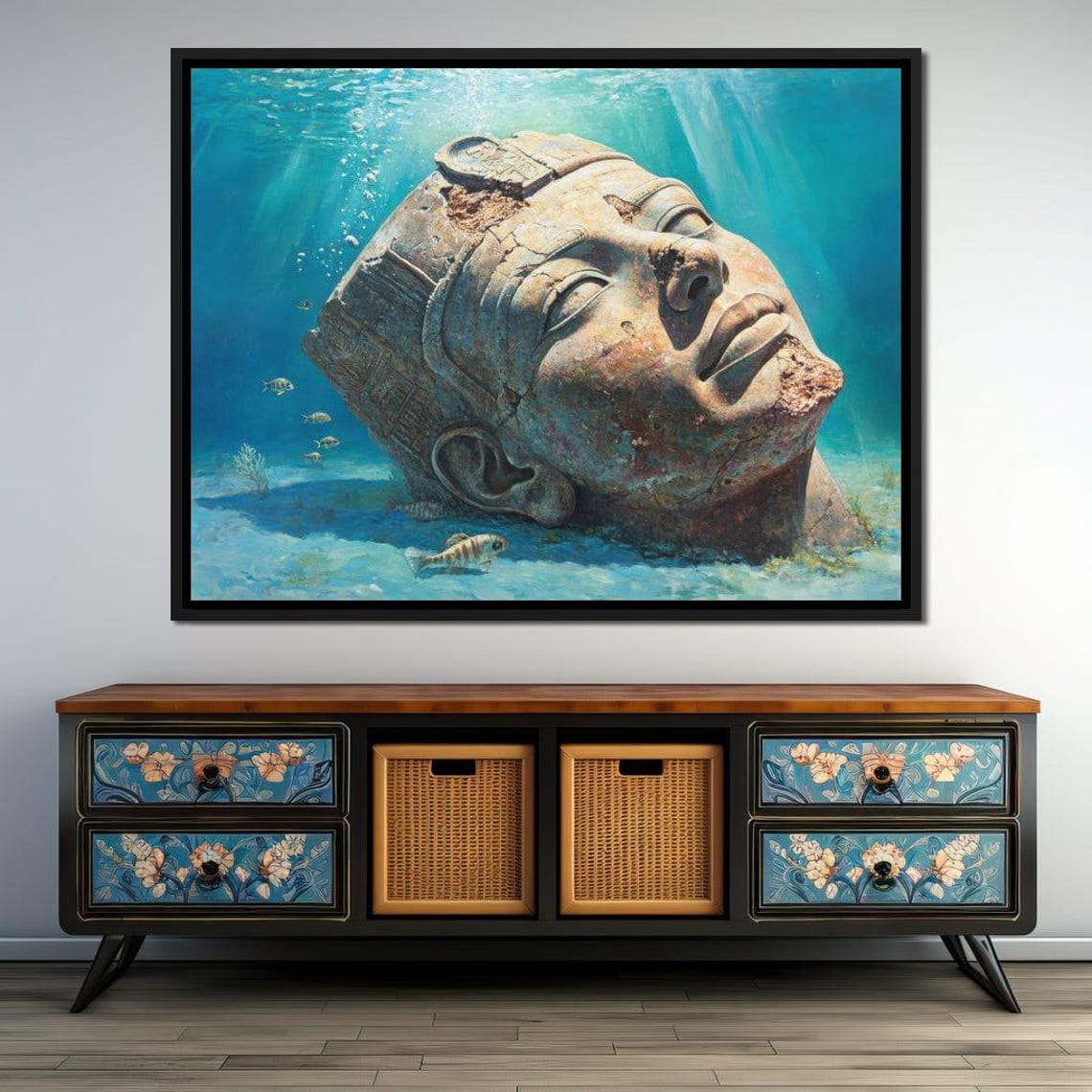 Giant Stone Pharaoh Head Resting Underwater Among Fish Ocean Art Print - Image 2