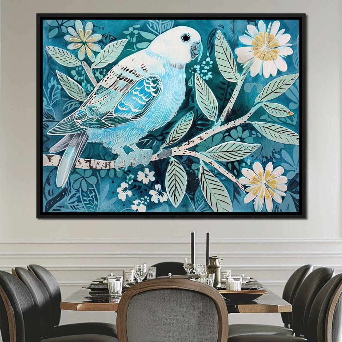 Blue Parrot on Blossom Branch Teal Botanical Bird Painting Wall Poster - Image 3