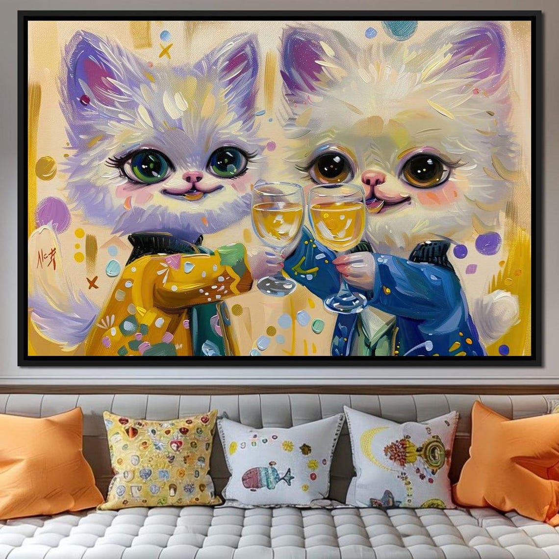 Cute Kittens Toasting Champagne Celebration Whimsical Cat Wall Art - Image 4
