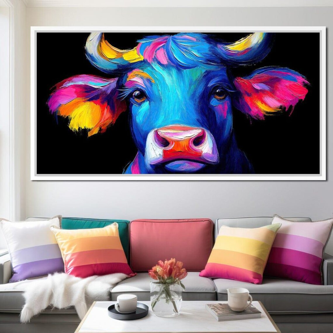 Vibrant Blue Cow Colorful Pop Art Farmhouse Neon Animal Wall Poster - Image 4