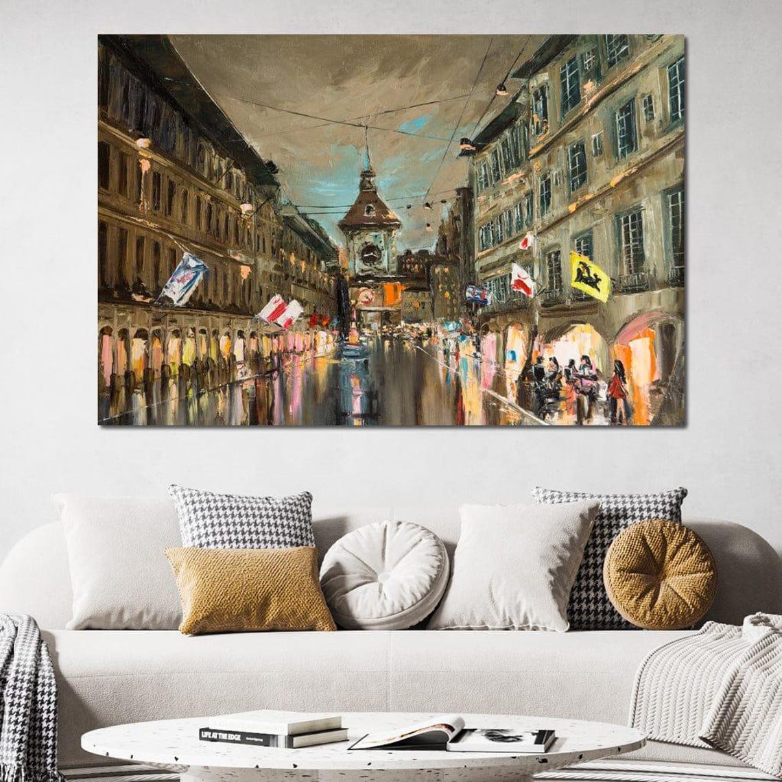 European City Czech Republic Oil Painting Wall Art Cozy Urban Street View Night City Lights Modern Decor By Nichecanvas - Image 3