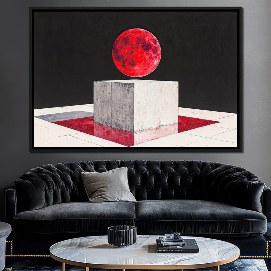 Red Blood Moon Above White Concrete Cube Geometric Cosmic Minimalist Print - Image 4