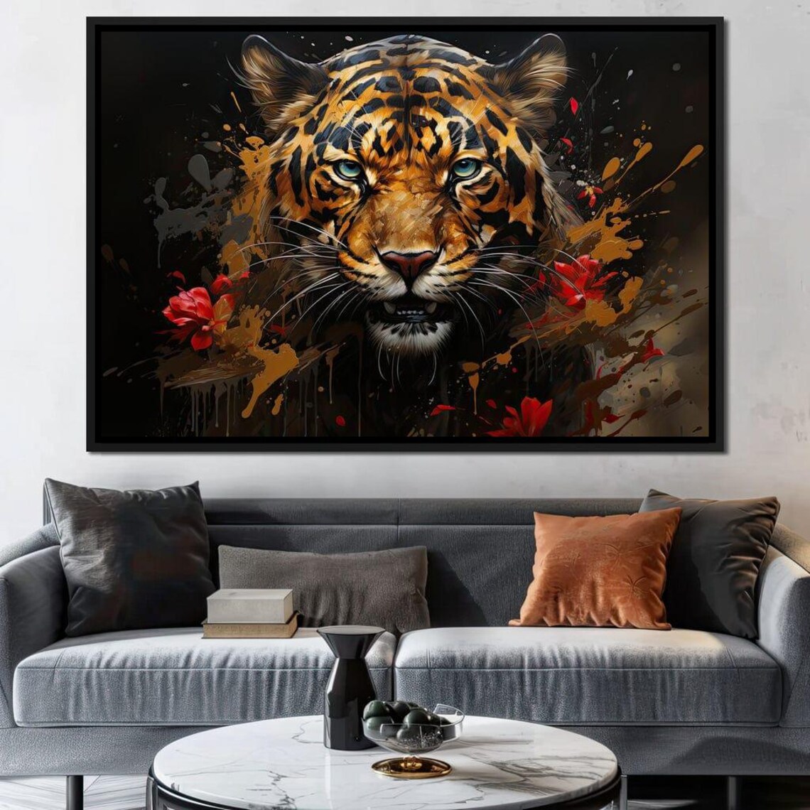 Fierce Tiger Face Paint Splatter Red Flowers Dark Jungle Art Poster - Image 3