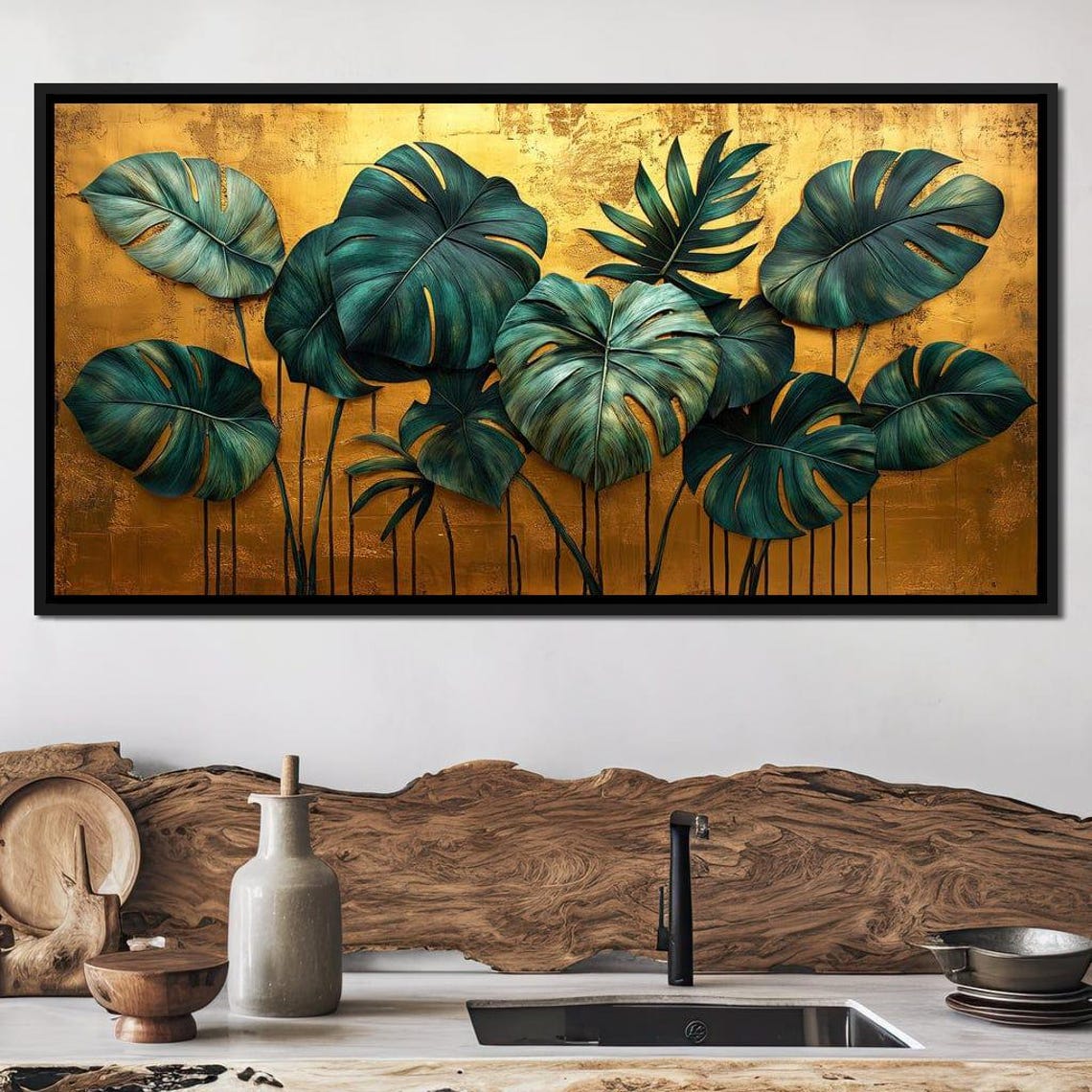 Emerald Monstera Leaves Gold Textured Background Botanical Wall Art