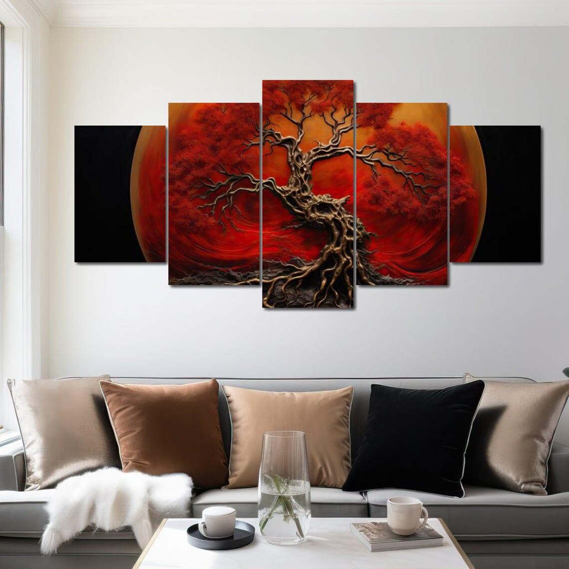 Crimson Red Tree Against Golden Moon Mystical Night Forest Wall Poster - Image 3