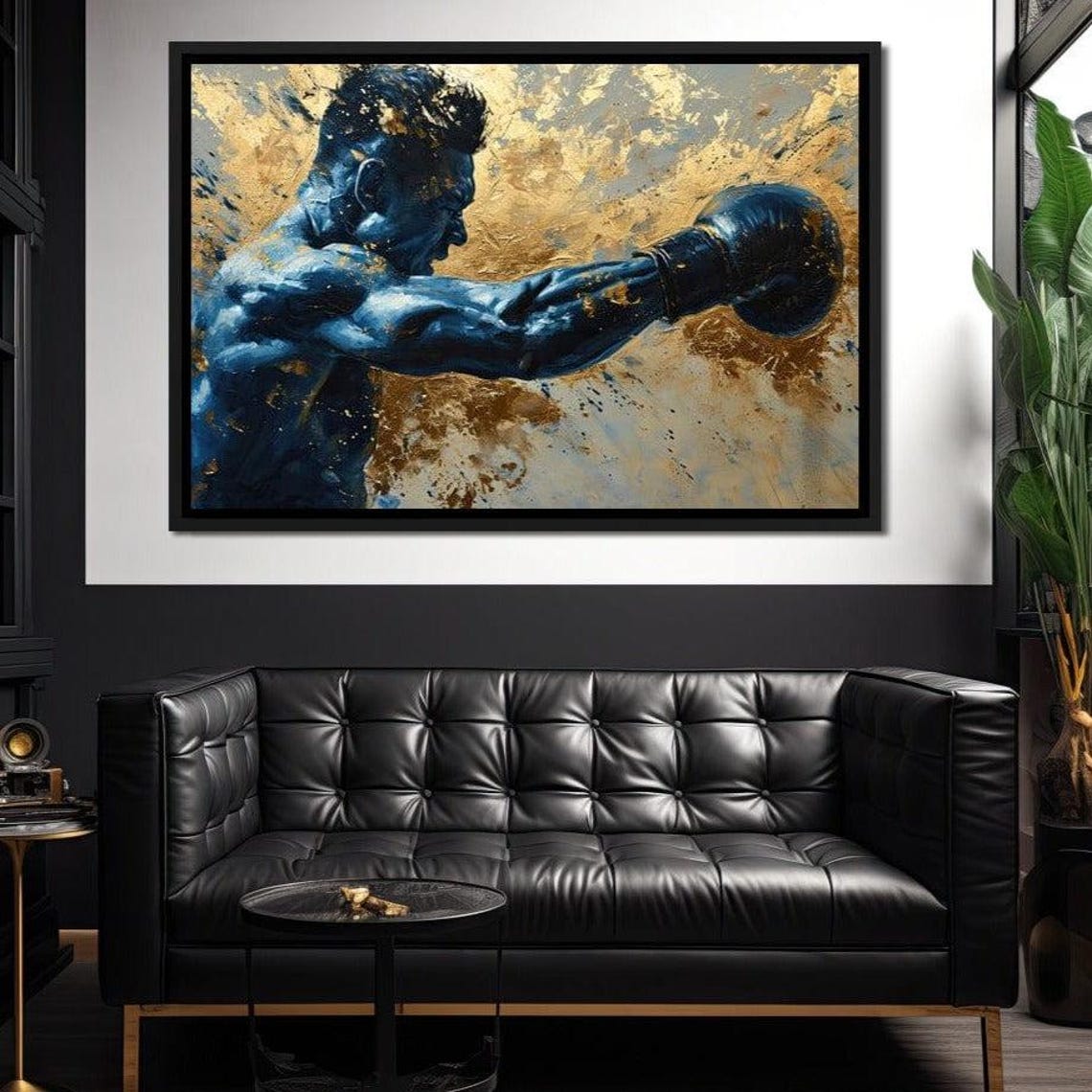 Azure Pugilist Unleashed Blue Boxer Gold Splatter Sports Poster - Image 4