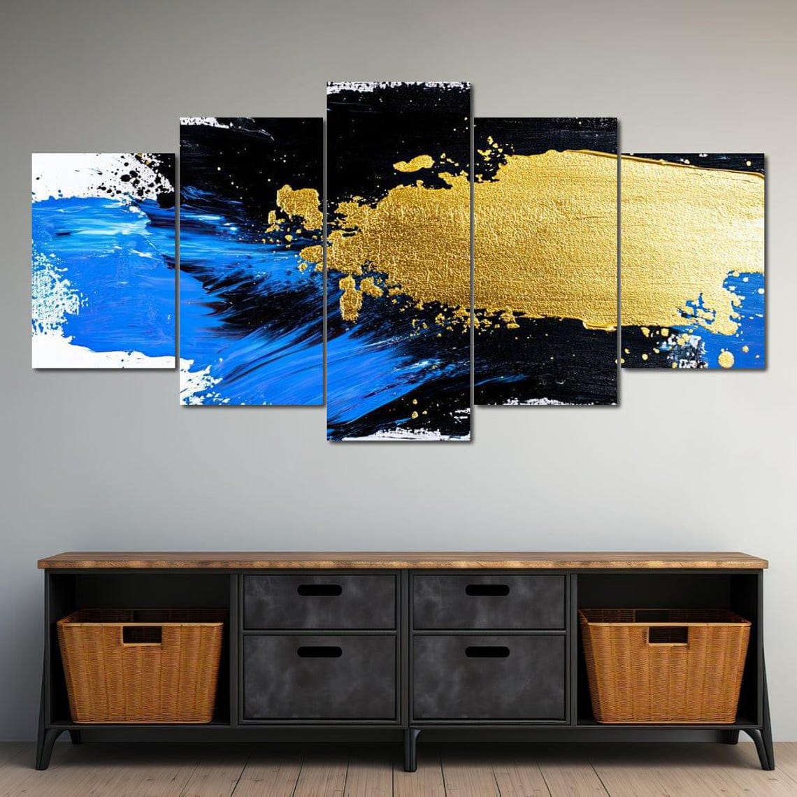 Blue Gold Brushstroke Abstract Multi Panel Modern Wall Art Print