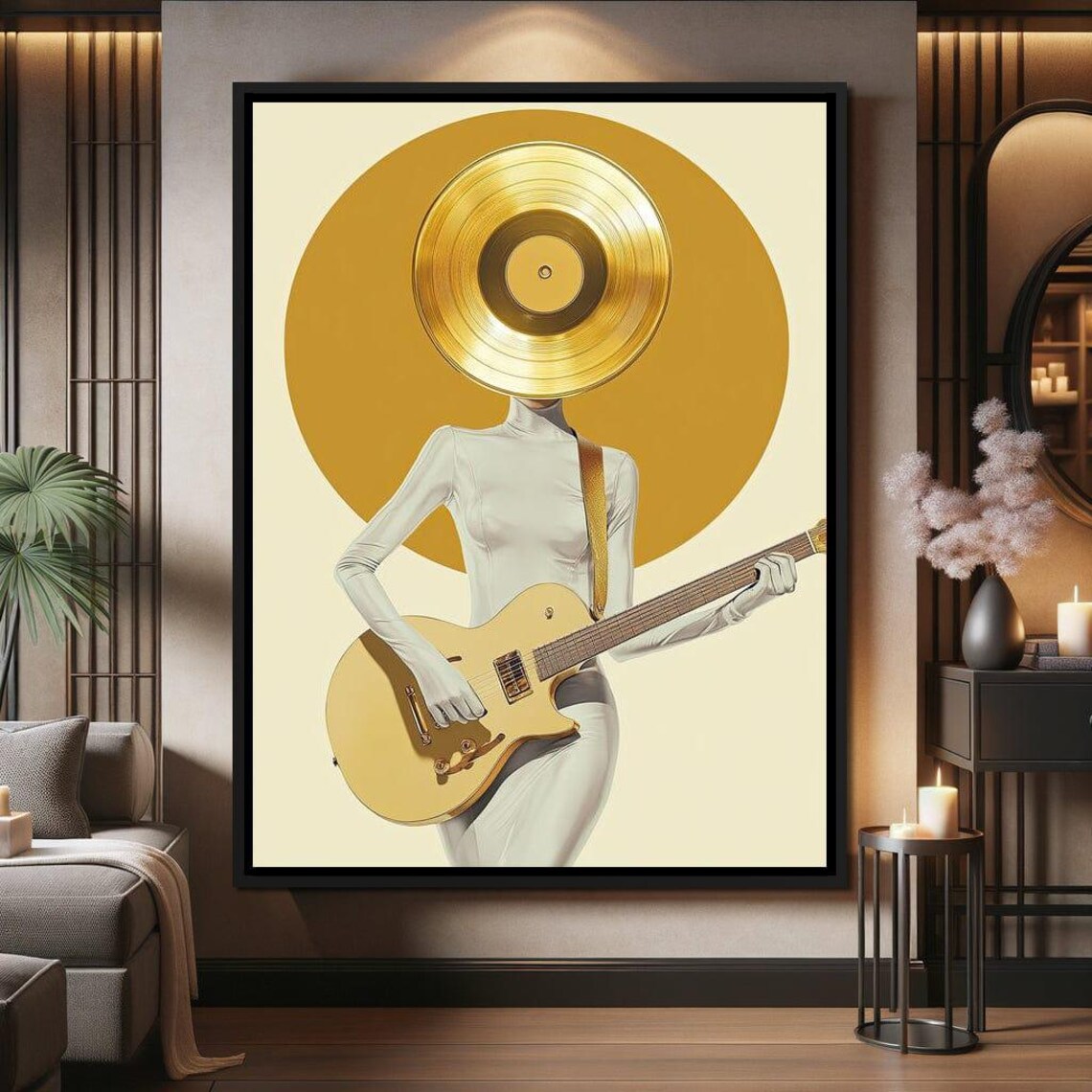 Golden Vinyl Record Head Electric Guitar Minimalist Retro Music Wall Poster
