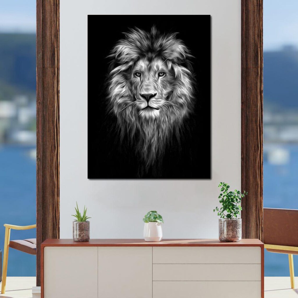 Black and White Lion Face Portrait Bold Monochrome Majestic Cat Poster - Image 4