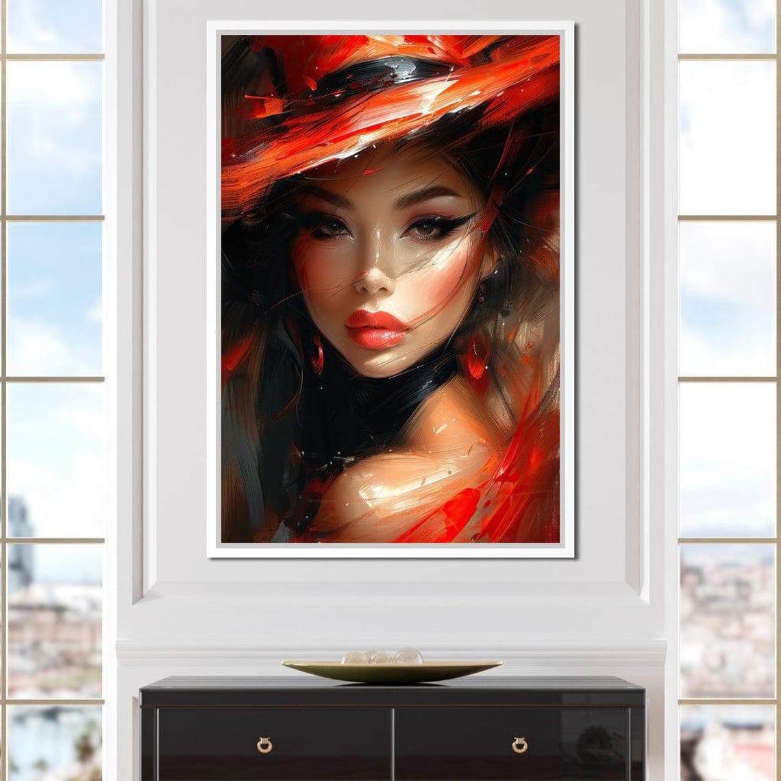 Fiery Orange Hat Beauty Bold Expressive Brushstroke Portrait Wall Art