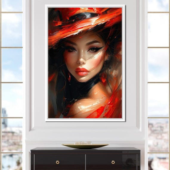 Sanguine Strokes Of Beauty Female Portrait Modern Wall Art Bold Brushstrokes Red Hat Decor Contemporary Art By Nichecanvas