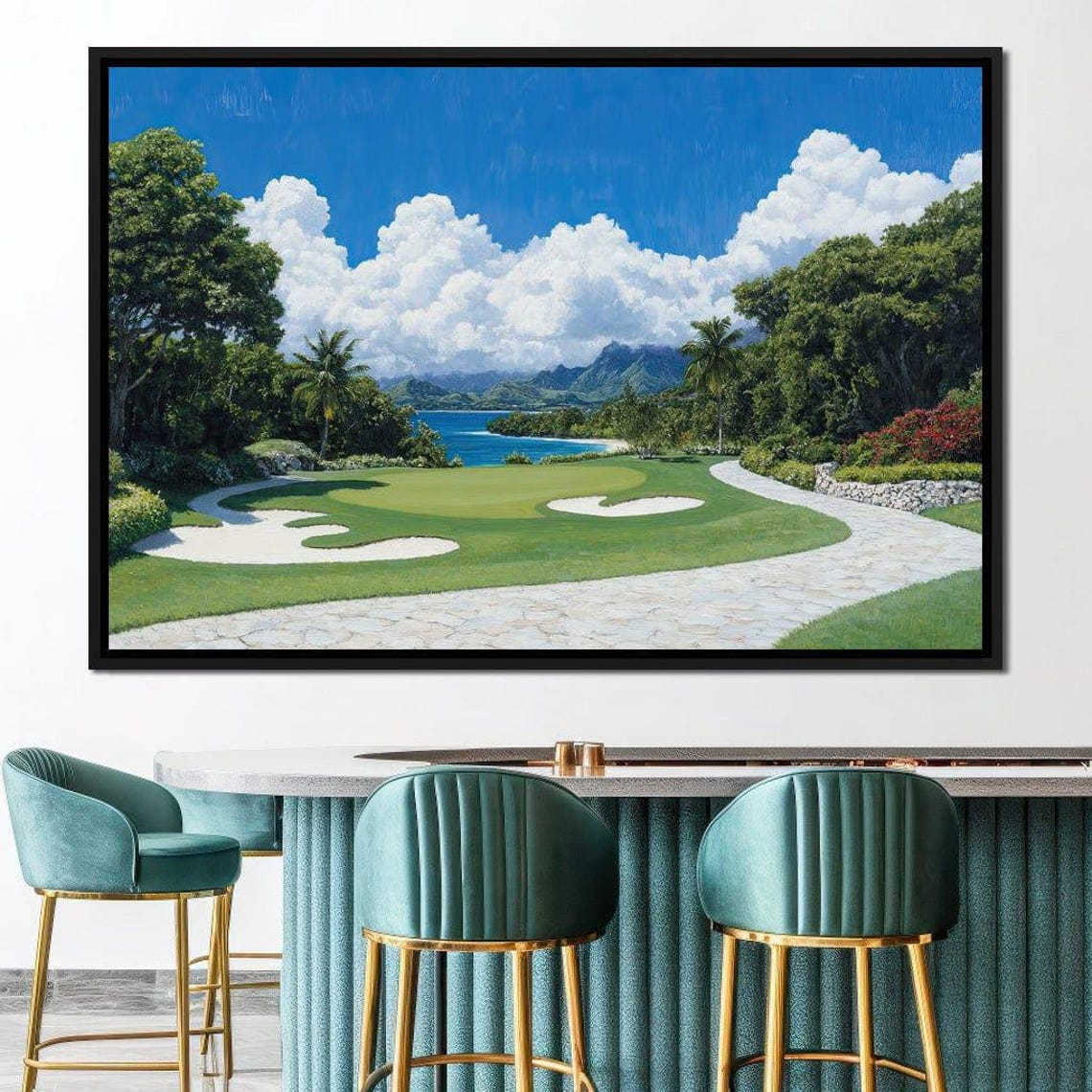 Lush Tropical Golf Course By The Ocean Under White Clouds Poster - Image 3