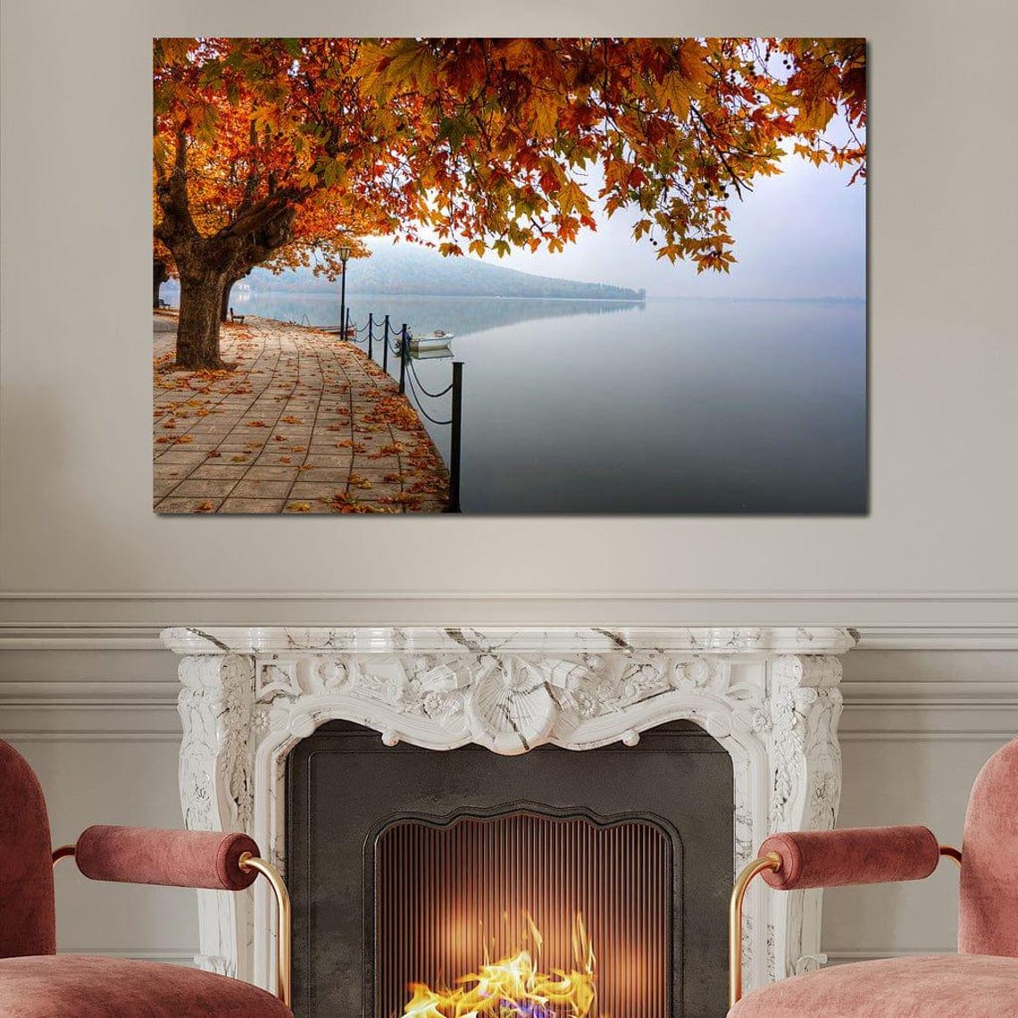 Autumn Lakeshore Promenade Red Plane Trees Misty Lake Travel Poster - Image 2