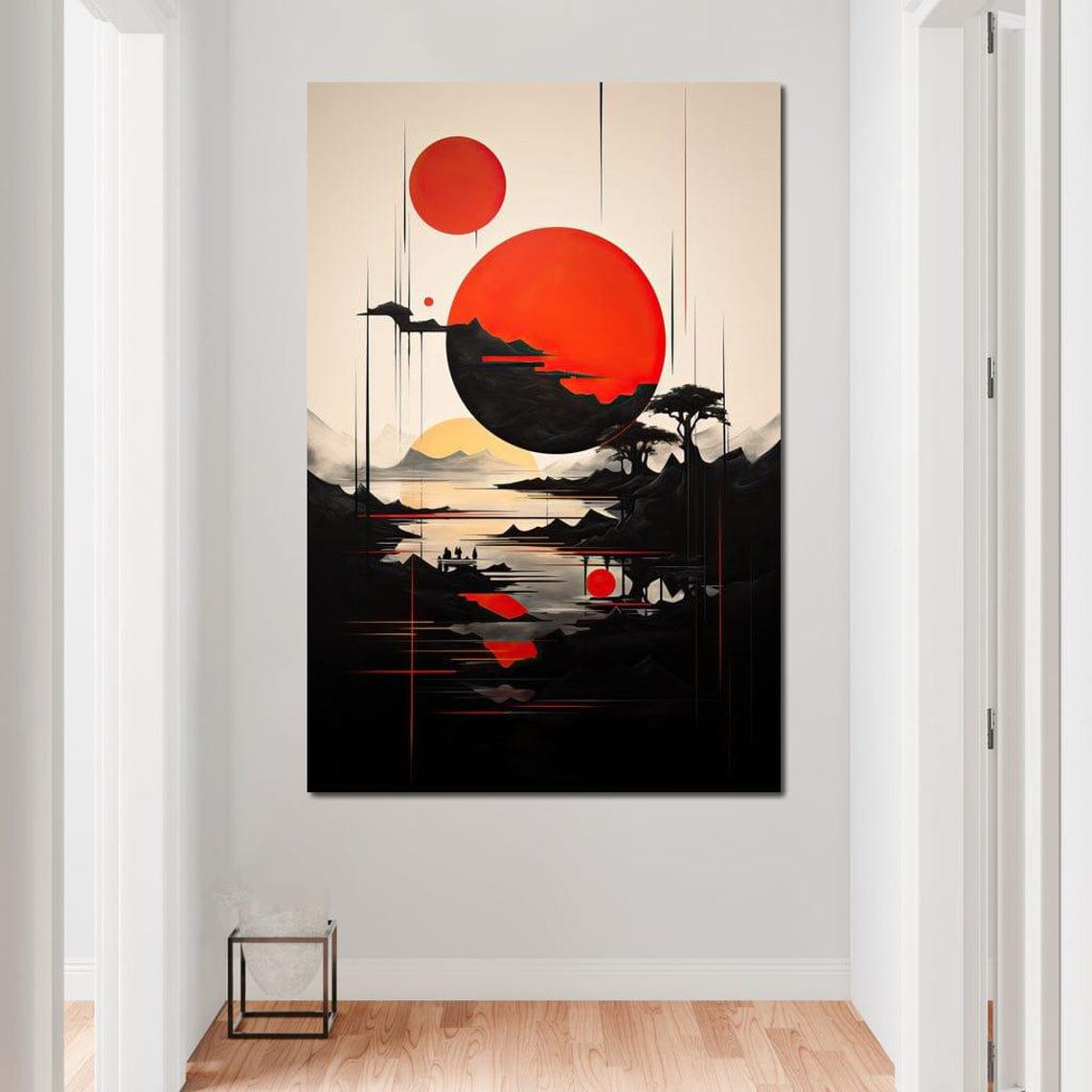 Japanese Red Sun Black Pine Misty Lake Minimalist Abstract Wall Art - Image 3