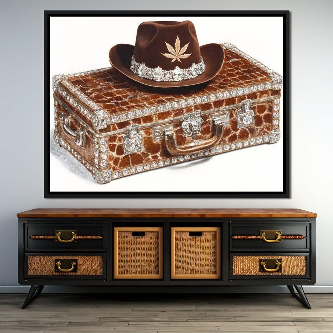 Jeweled Crocodile Suitcase with Brown Cowboy Hat Western Poster - Image 2