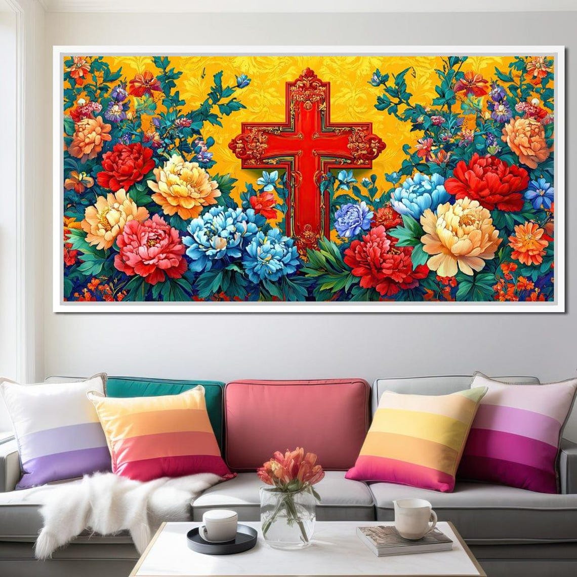 Red Cross Floral Peony Five Panel Christian Golden Wall Art Poster - Image 3