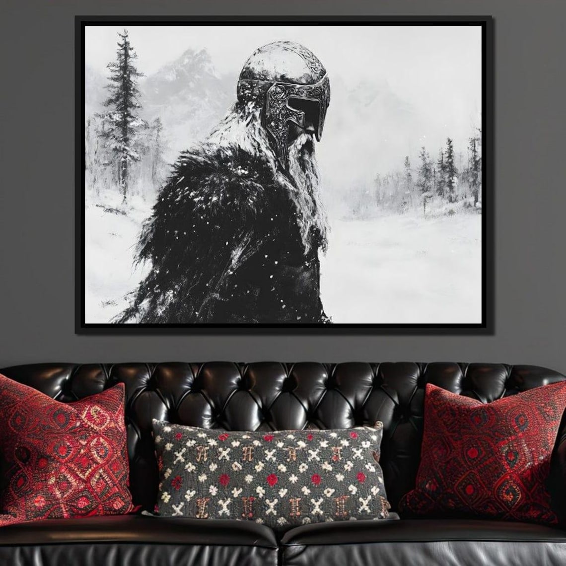 Norse Viking Warrior In Snowy Winter Forest Monochrome Poster - Image 2