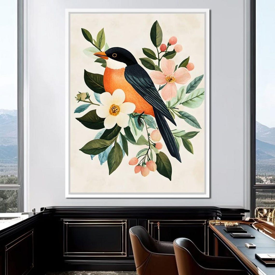 Black Headed Songbird With Vintage Spring Blossom Flowers Poster - Image 4