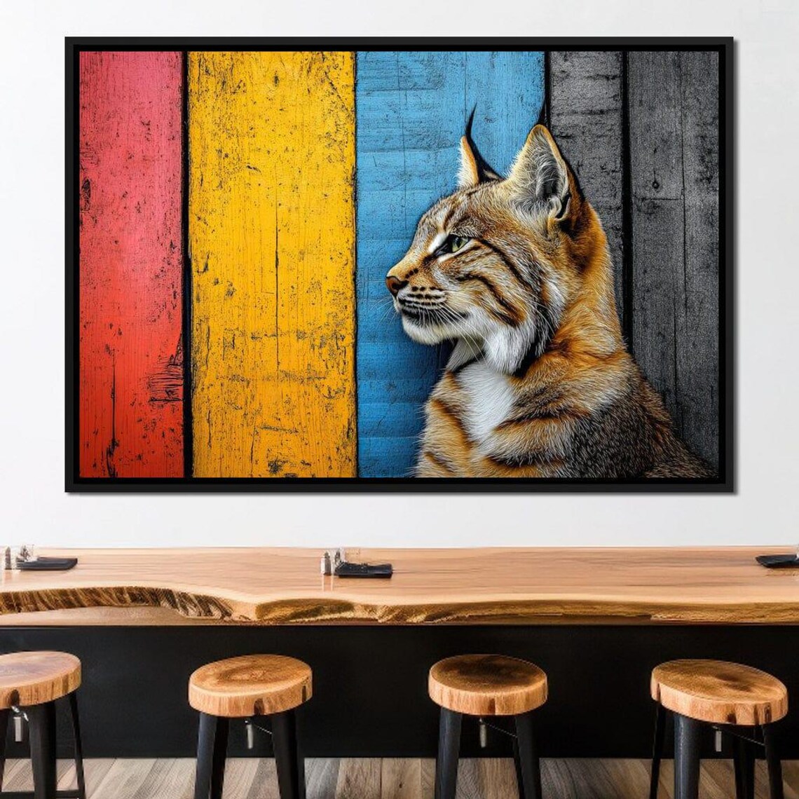 Wild Lynx Portrait Against Colorful Striped Wood Panels Poster - Image 3